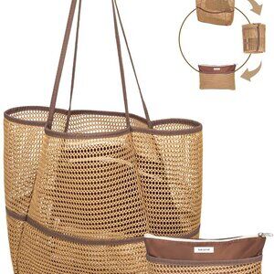 Mesh Beach Tote Bag Lightweight Foldable Large Multiple Pockets for Women